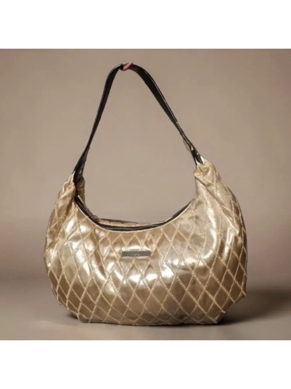 Via Spiga Gold Quilted Satin Shoulder  Bag Black Leather Strap